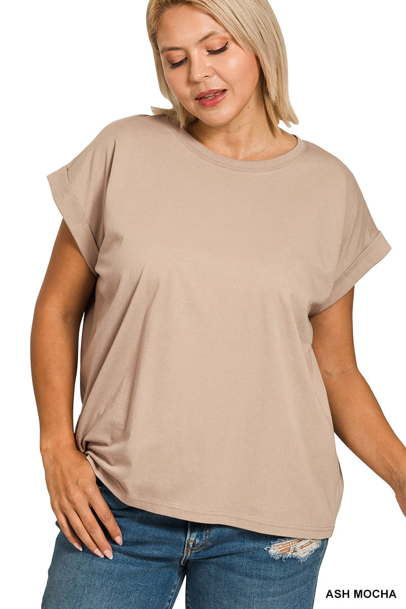 Zenana Plus round neck folded short sleeve t-shirt
