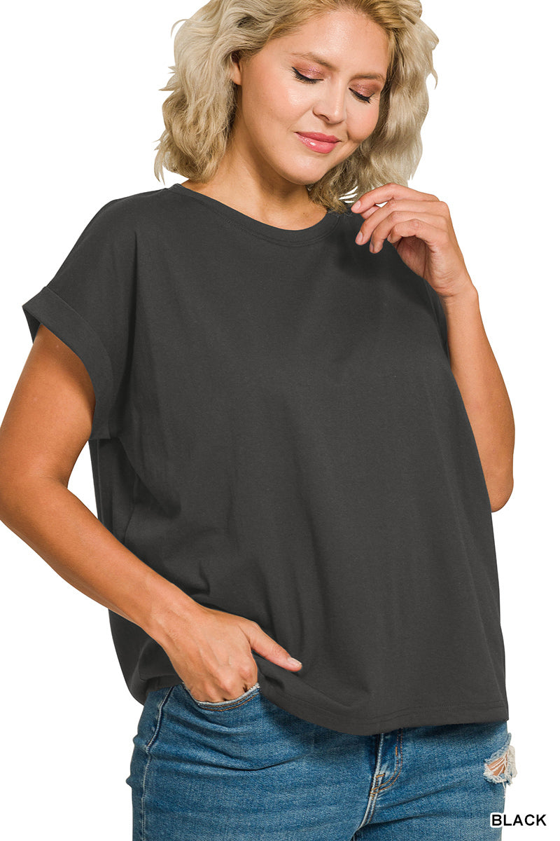Zenana Plus round neck folded short sleeve t-shirt