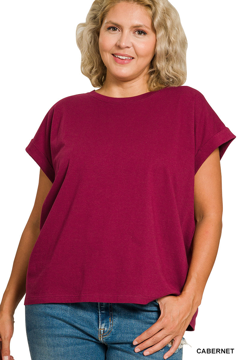 Zenana Plus round neck folded short sleeve t-shirt