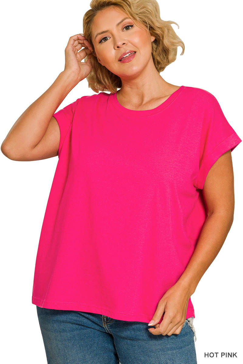 Zenana Plus round neck folded short sleeve t-shirt