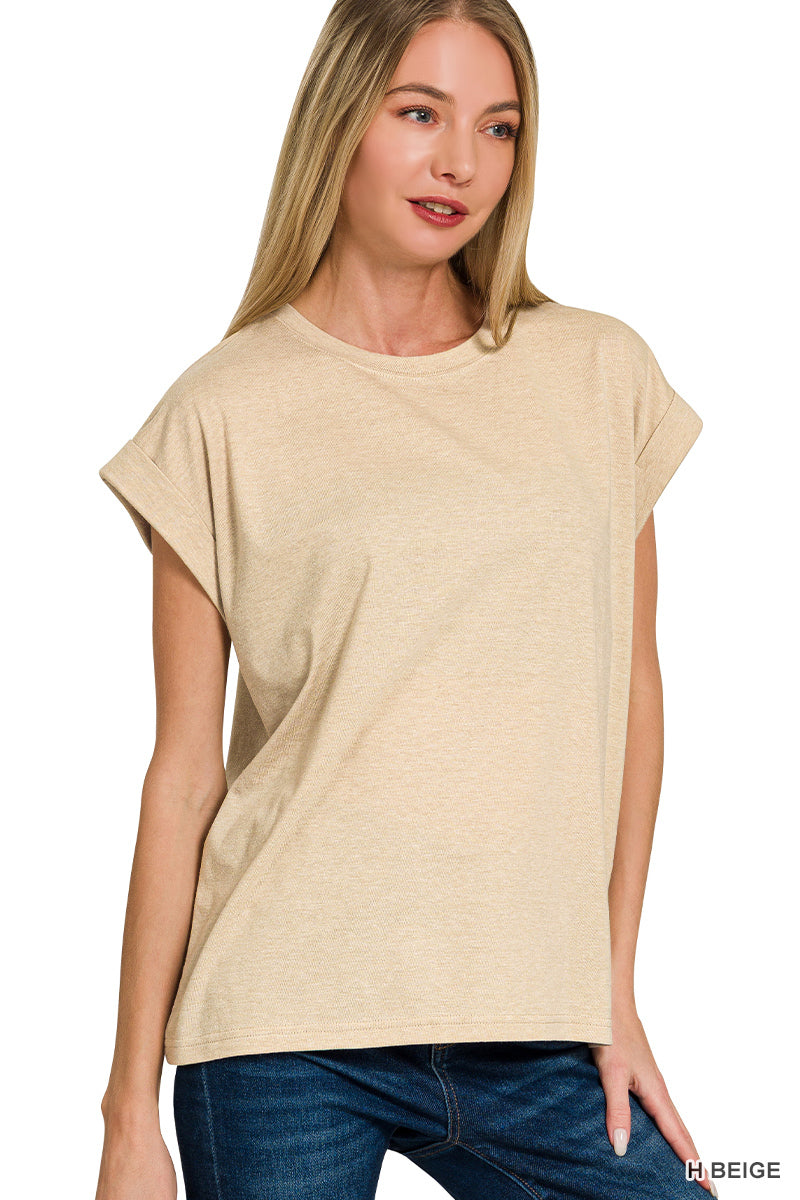 Round neck folded short sleeve t-shirt 100% Cotton