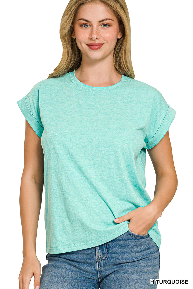 Round neck folded short sleeve t-shirt 100% Cotton