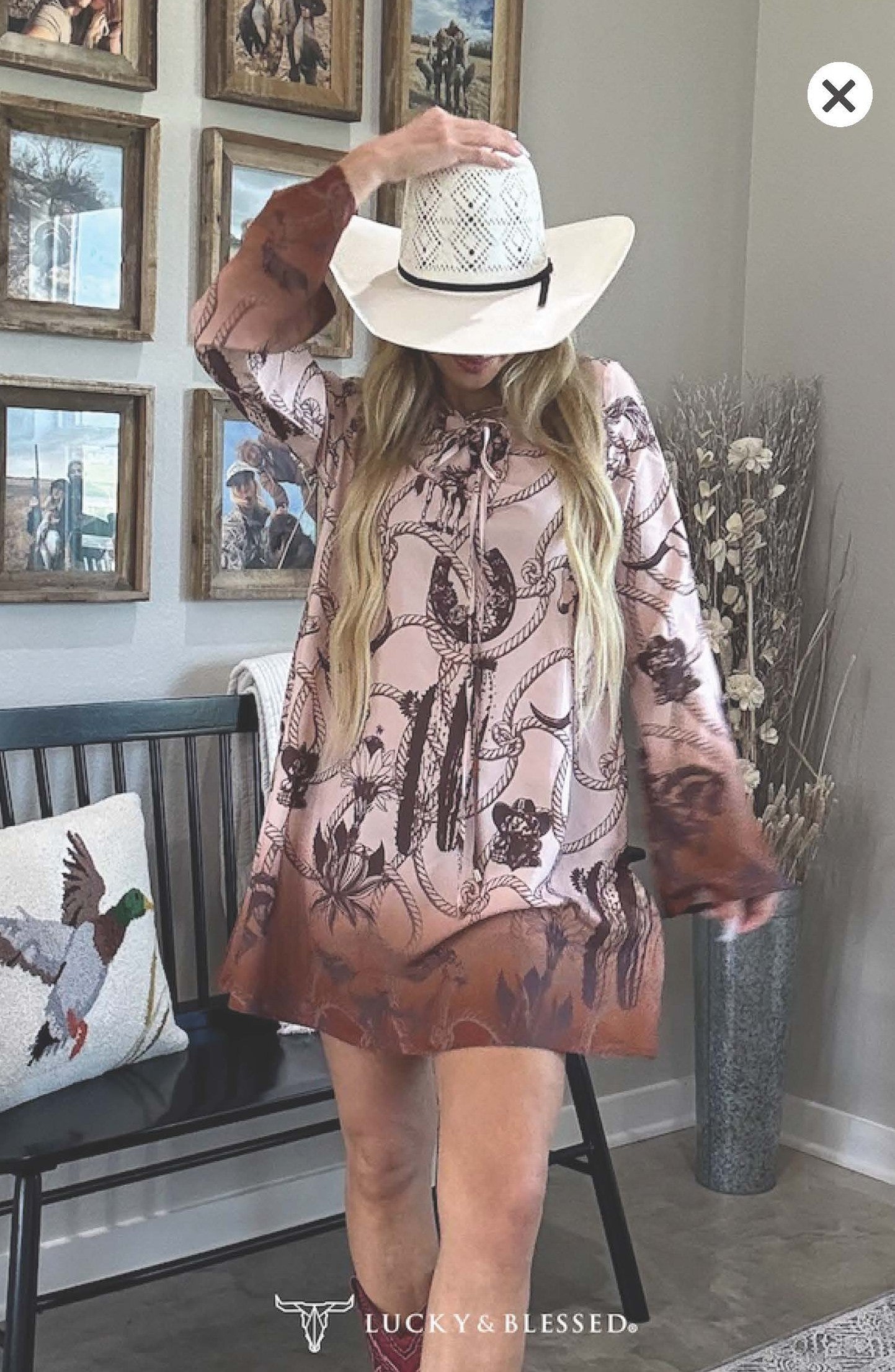 Camel Rope Printed Drawstring Neckline Dress