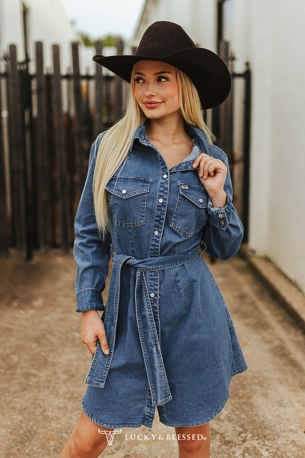 Classic Western Button Down Long Sleeve Denim Dress