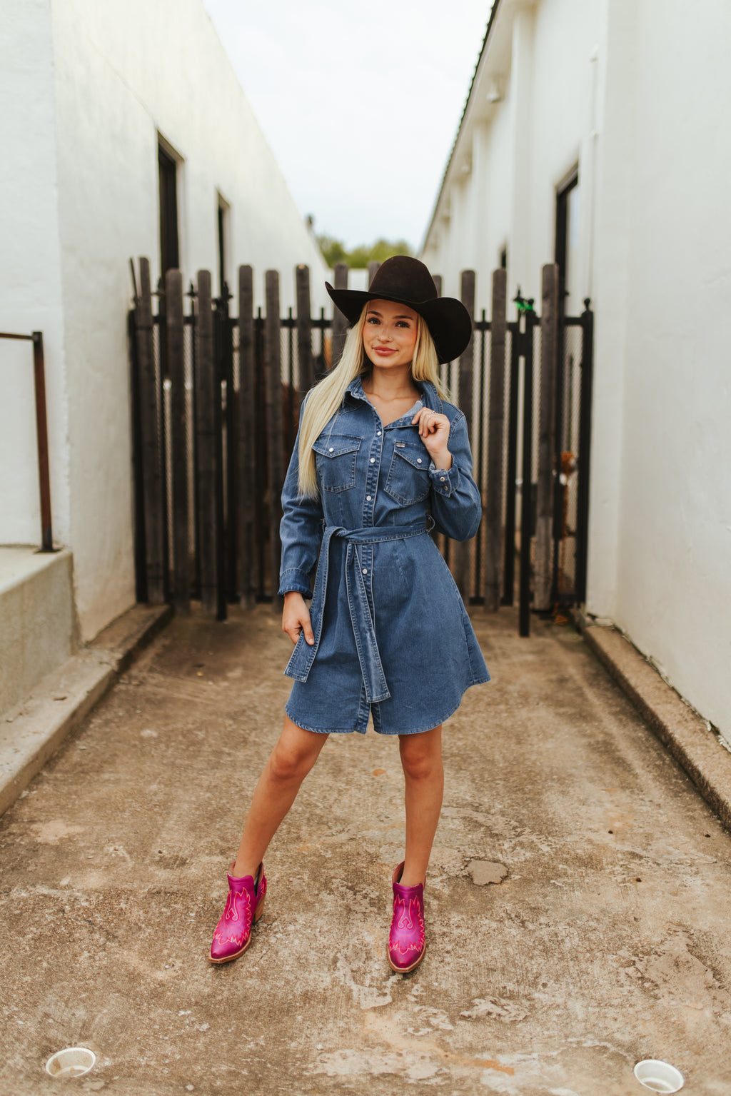 Classic Western Button Down Long Sleeve Denim Dress