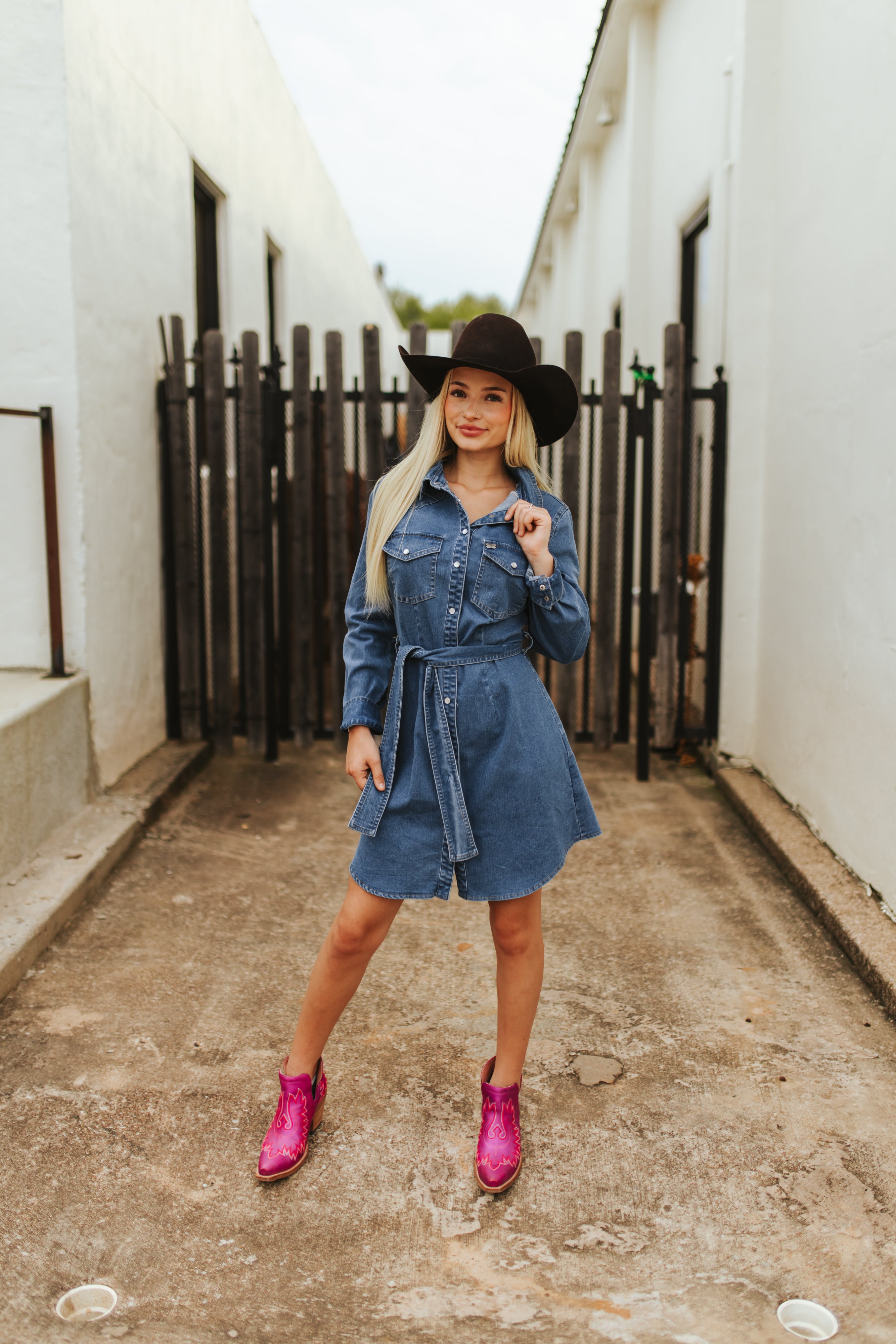 Classic Western Button Down Long Sleeve Denim Dress