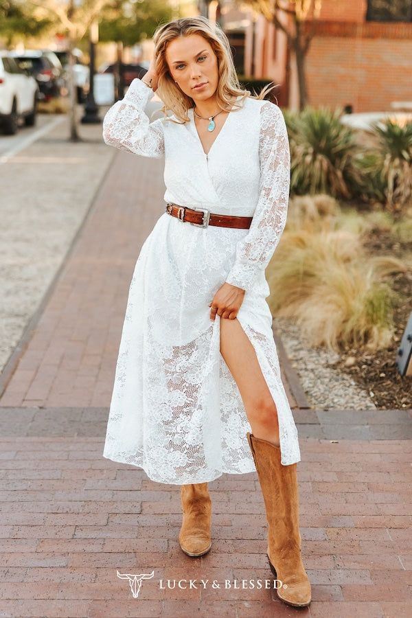 White Western Lace Long Sleeve Midi Dress