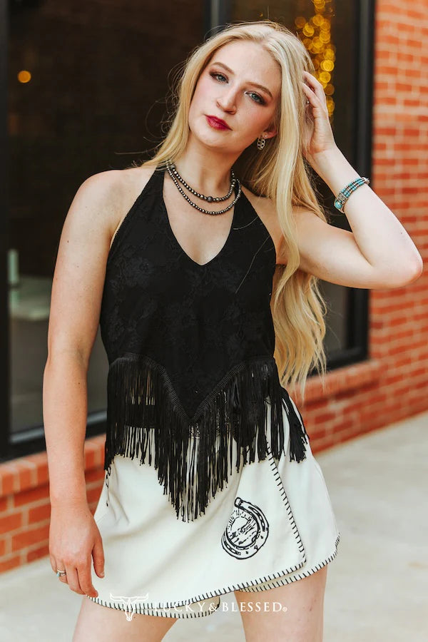 Lucky and Blessed Black Lace Fringe Halter Top