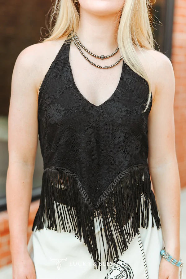 Lucky and Blessed Black Lace Fringe Halter Top