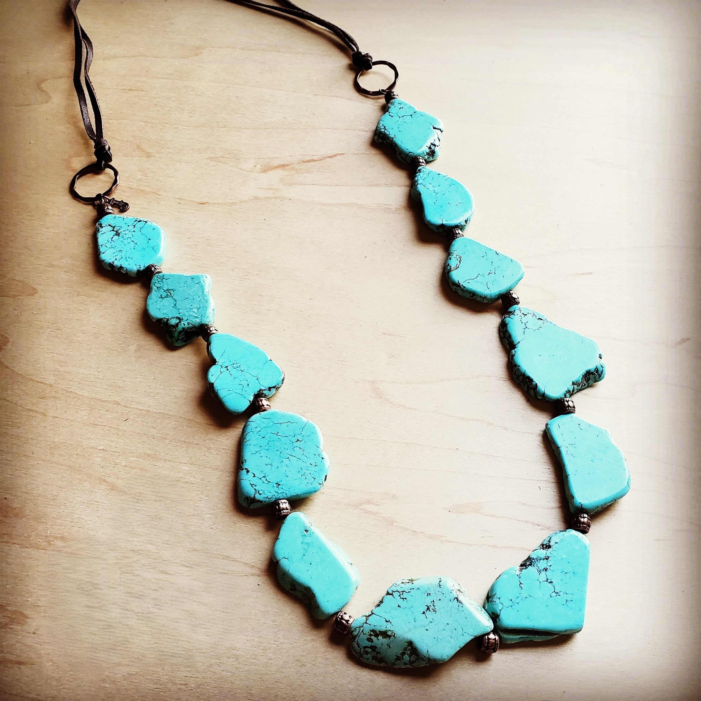 Blue Turquoise Western Slab Necklace with Vegan Leather Ties 235X