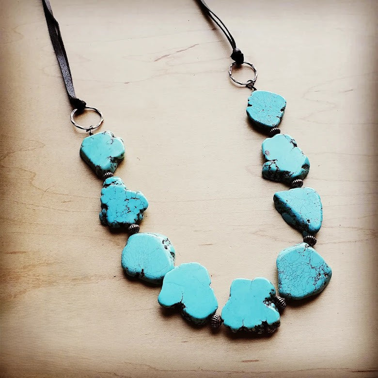 Blue Turquoise Western Slab Necklace with Vegan Leather Ties 235X