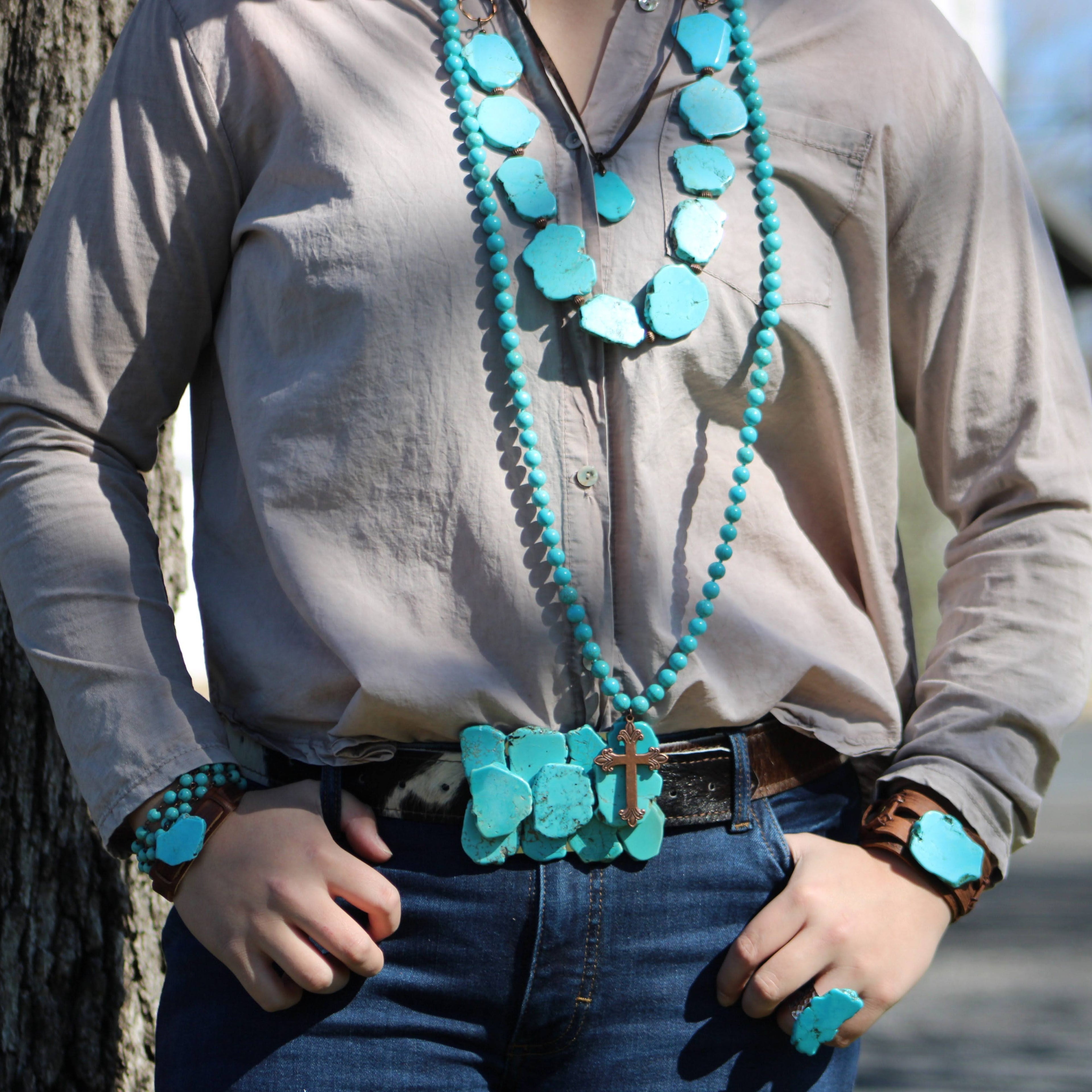 Blue Turquoise Western Slab Necklace with Vegan Leather Ties 235X