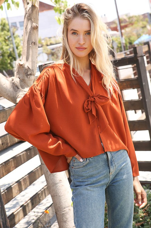 Burnt Orange Tie Front Blouse
