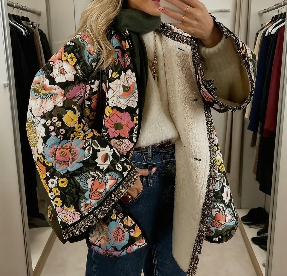 Quilted Floral Jacket with Sherpa Lining and Flare Sleeve - Lightweight