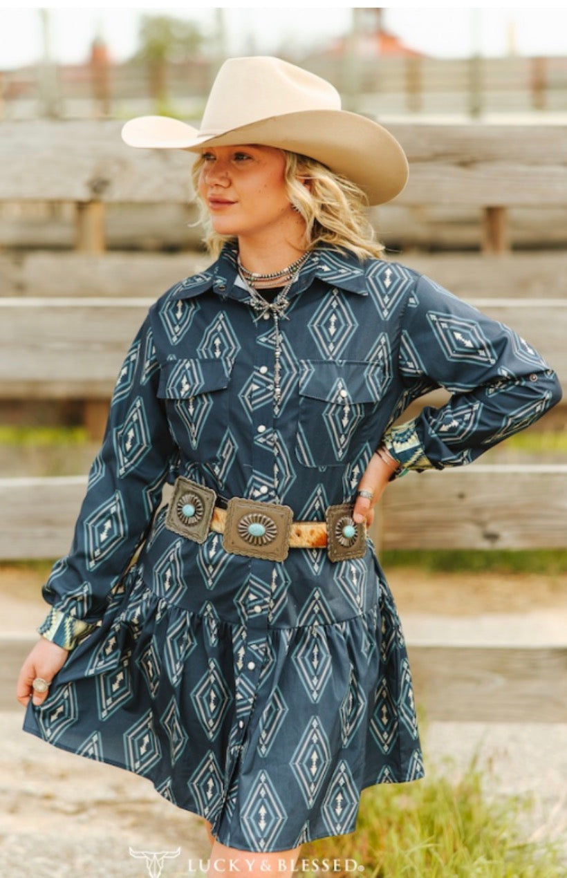 Teal Aztec Printed Button Down Collared Ruffle Dress