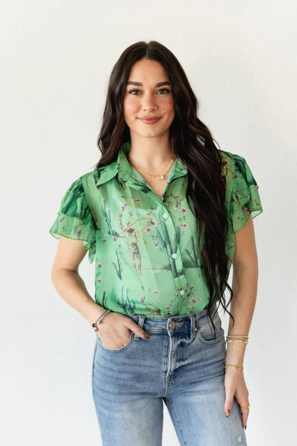 Cowboys and Cactus Flutter Sleeve Blouse