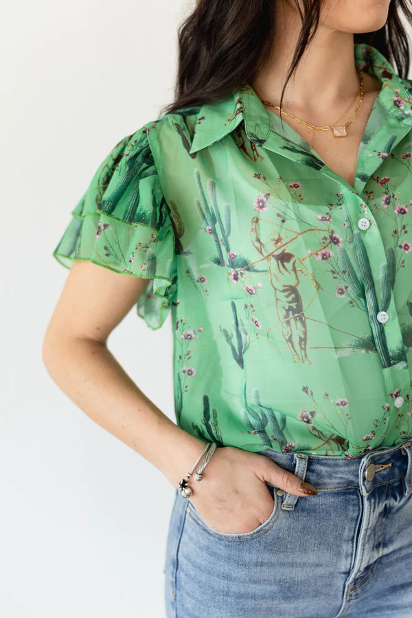 Cowboys and Cactus Flutter Sleeve Blouse
