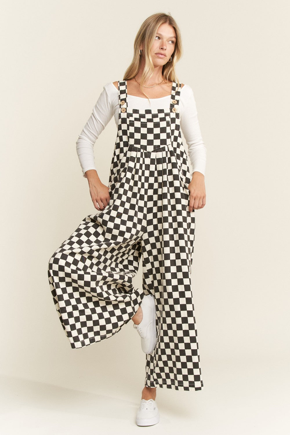 Checkered Wide Leg Overalls 100 Cotton