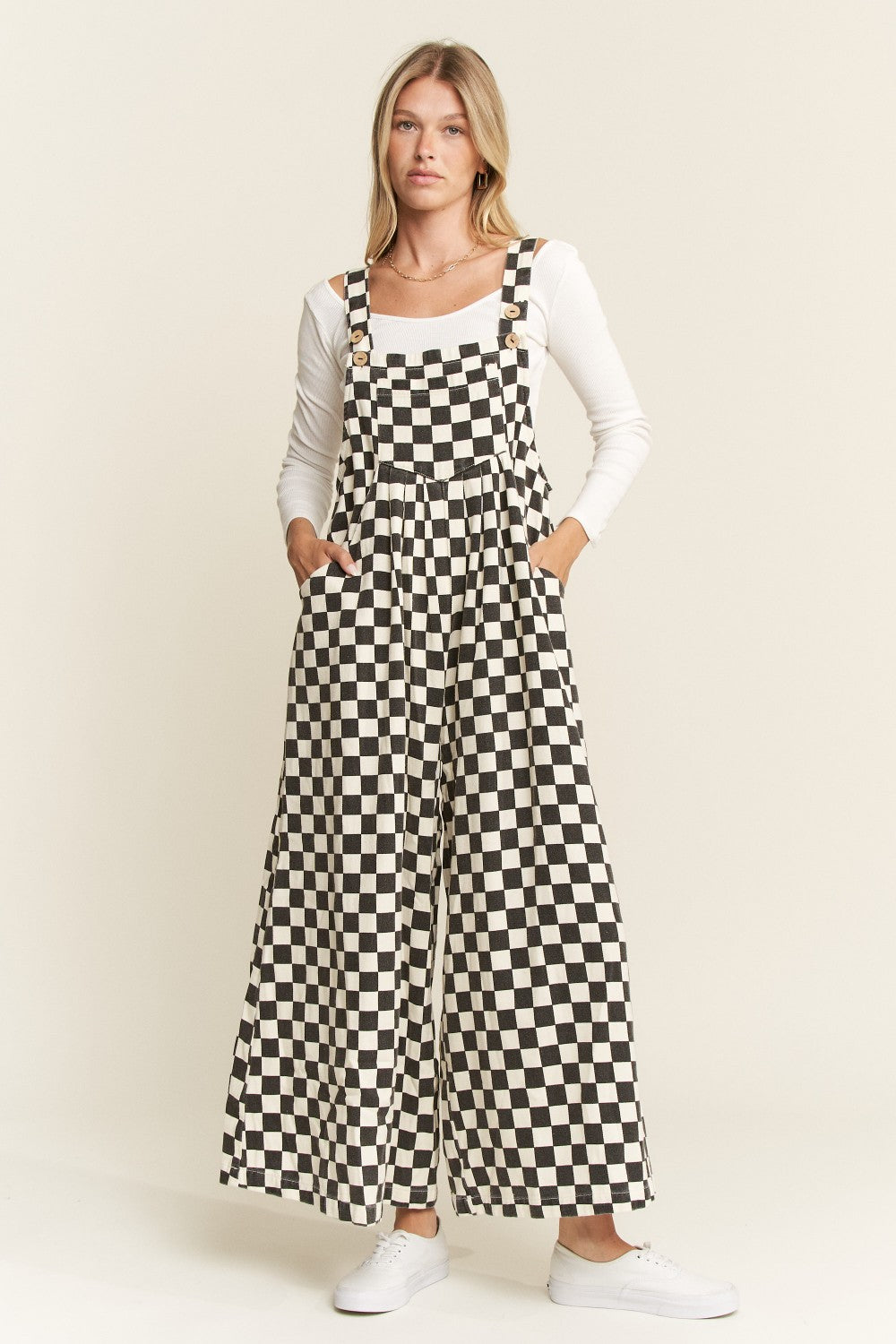 Checkered Wide Leg Overalls 100 Cotton