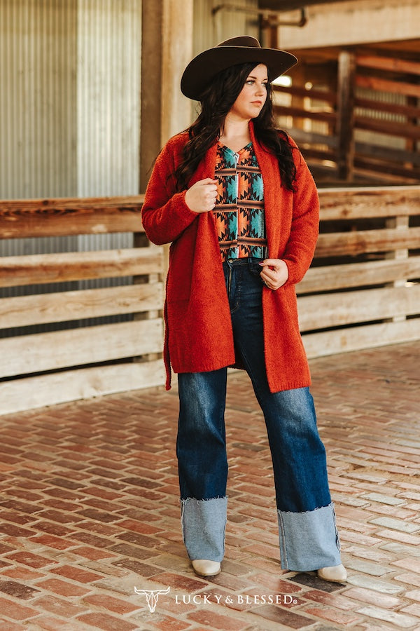 Rust Long Sleeve Knitted Cardigan Plus Size