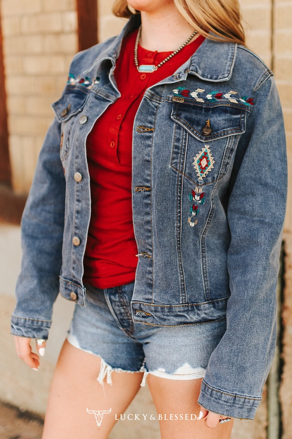 Stone Wash Stretch Denim Aztec Embroidered Jacket