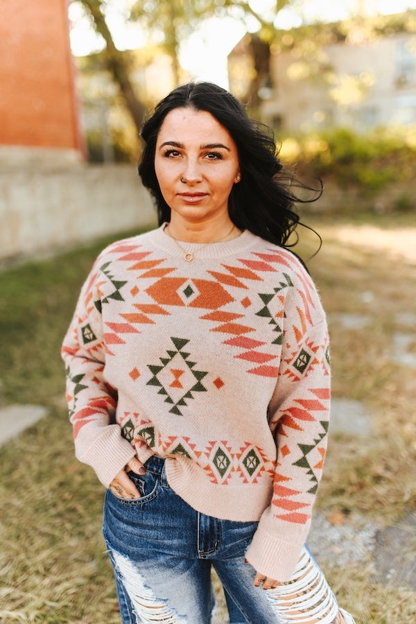 Soft Pink Aztec Knitted Pullover Sweater Plus Size