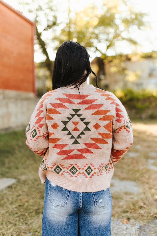 Soft Pink Aztec Knitted Pullover Sweater Plus Size