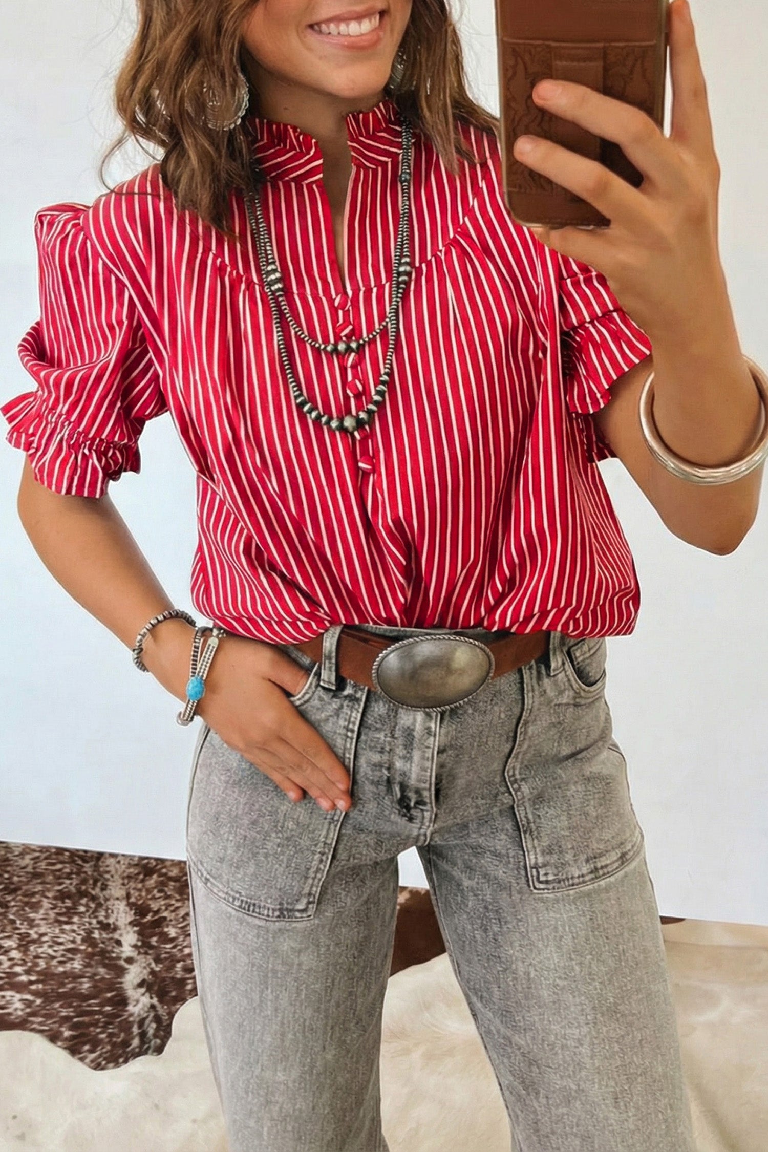 Red, White and Yes !! Button Front Ruffle Sleeve Top