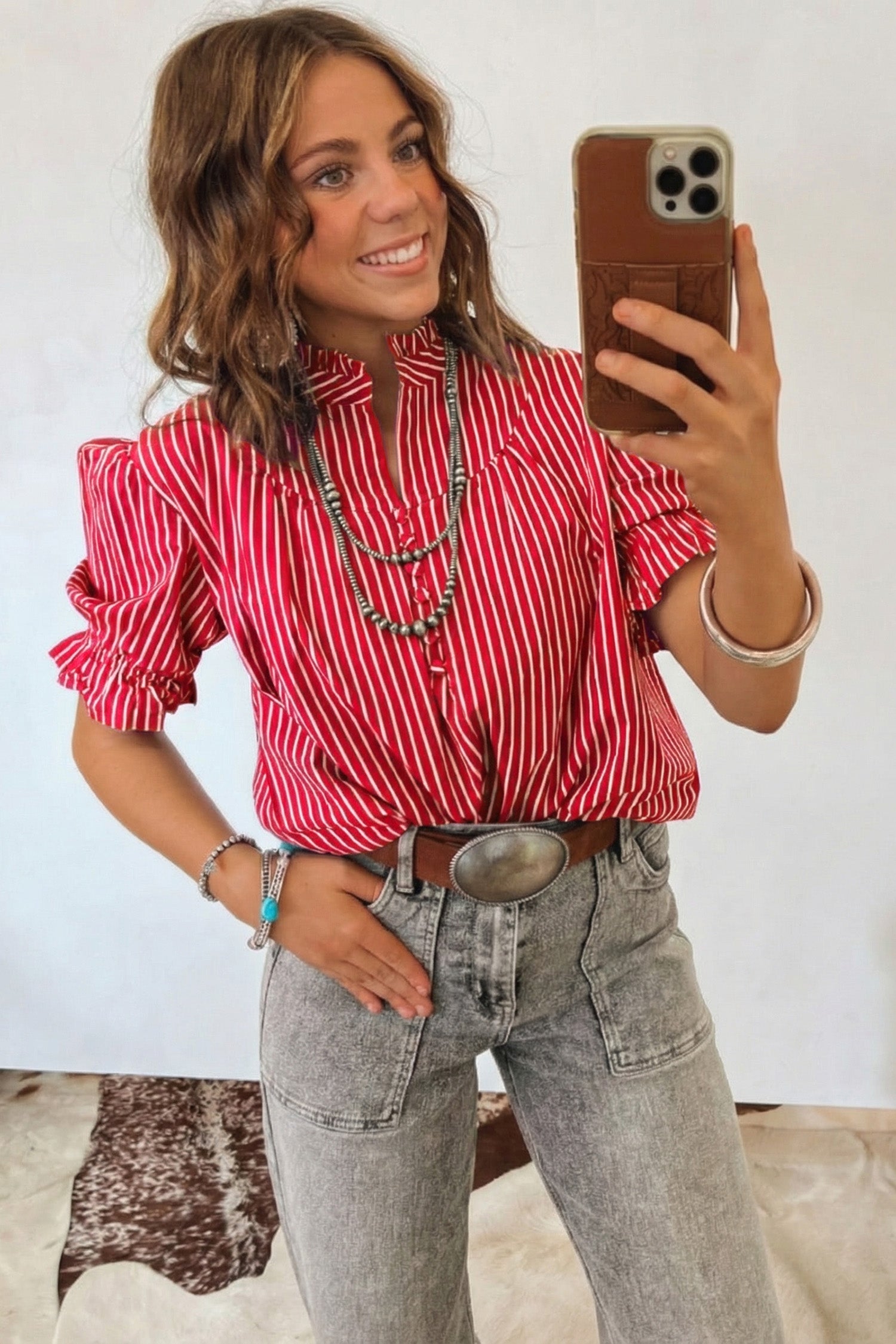 Red, White and Yes !! Button Front Ruffle Sleeve Top