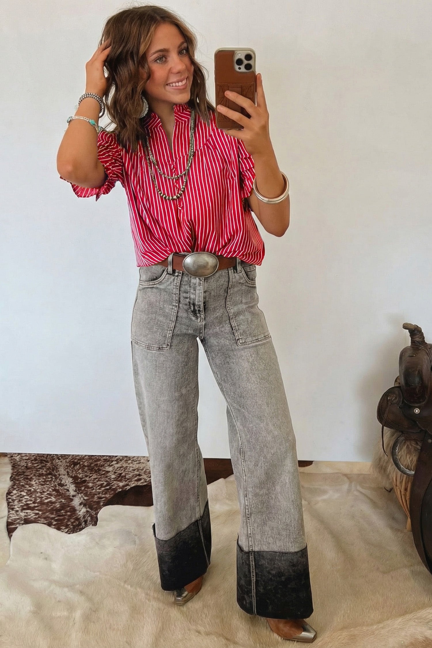Red, White and Yes !! Button Front Ruffle Sleeve Top