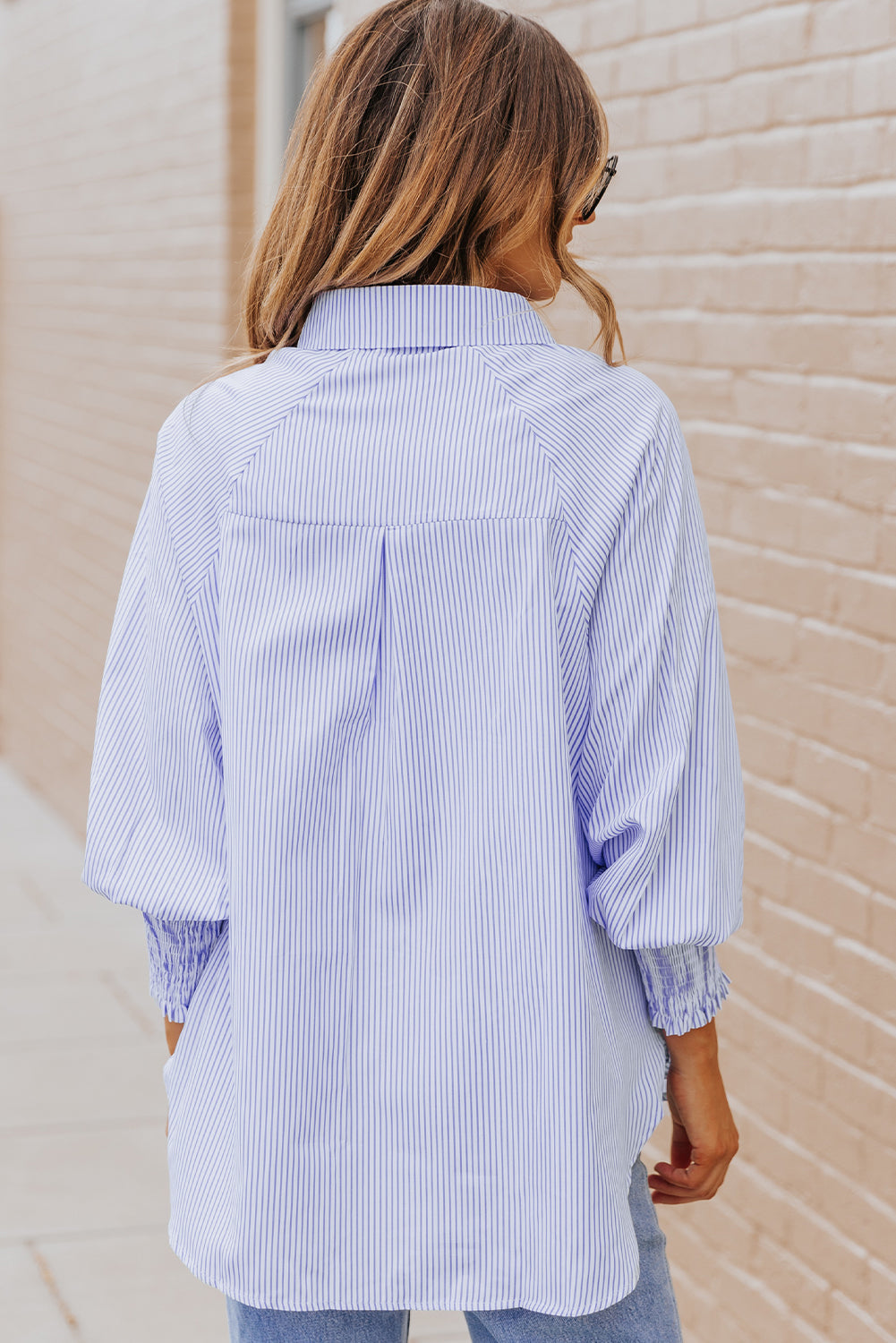 Skye Smocked Cuffed Striped Boyfriend Shirt with Pocket