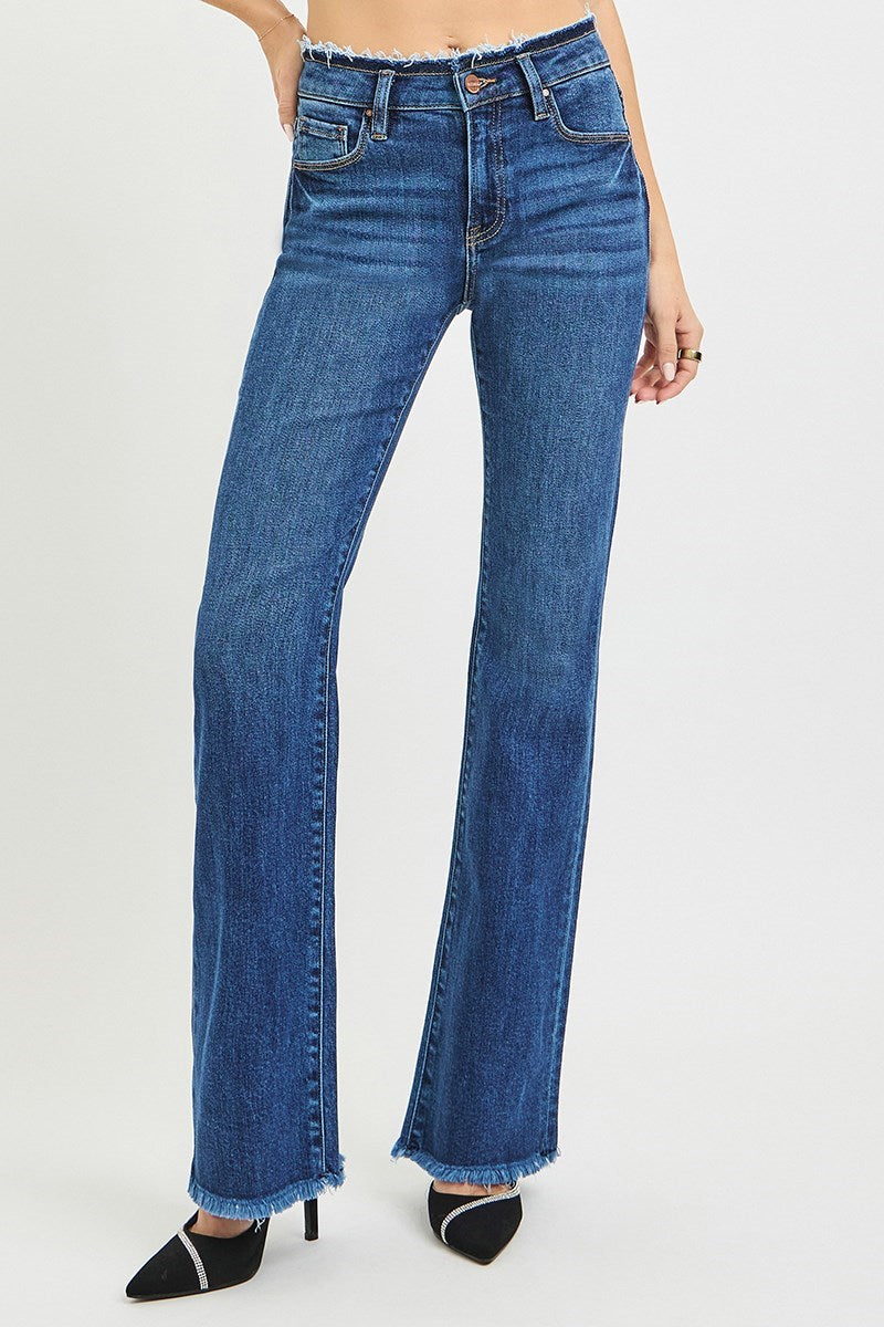 Risen Jeans - Mid Rise, Boot Cut, Frayed waist band and hem detail