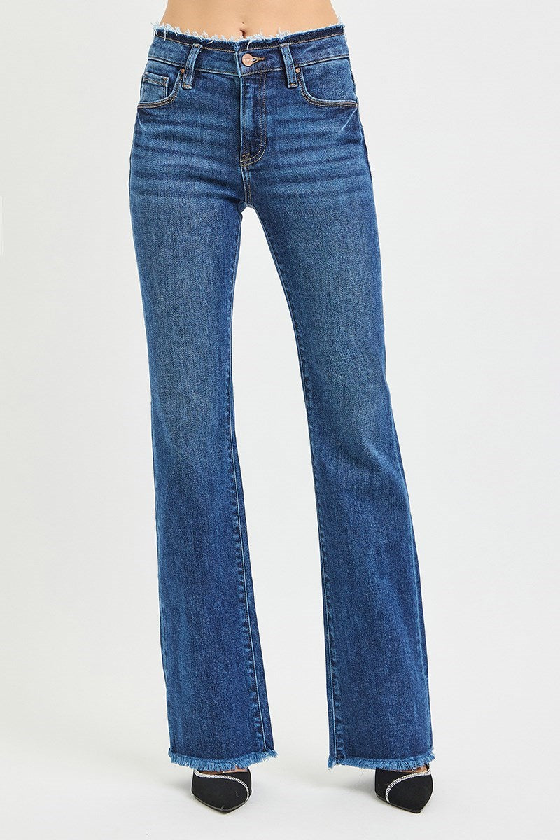 Risen Jeans - Mid Rise, Boot Cut, Frayed waist band and hem detail