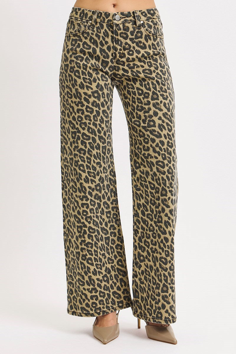 Risen Mid Rise Wide Leg Leopard Denim
