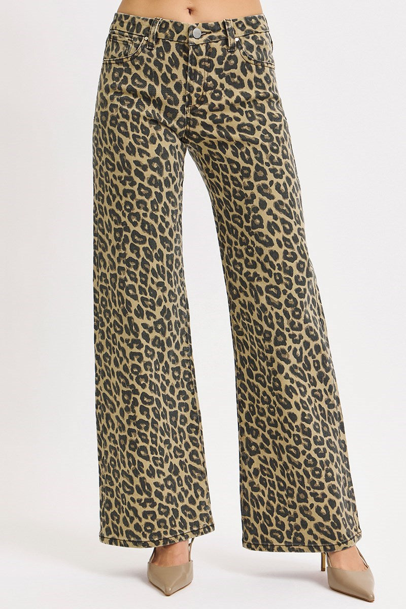 Risen Mid Rise Wide Leg Leopard Denim