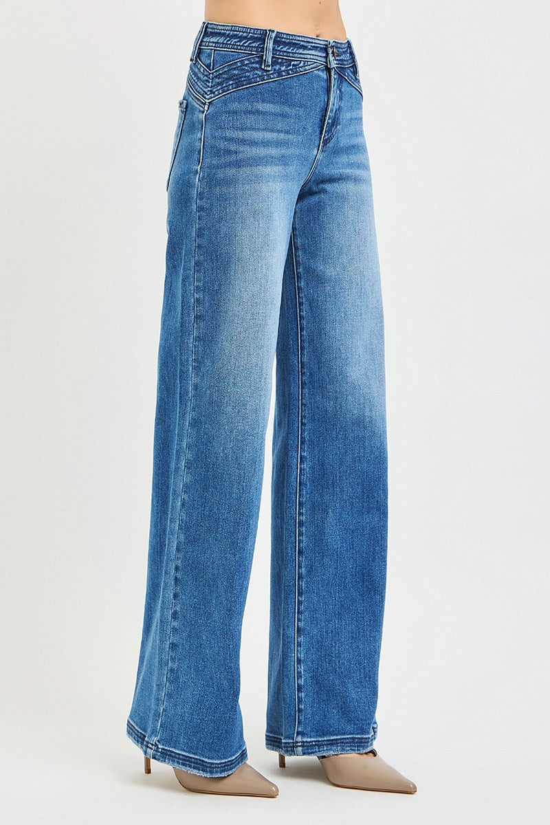 Risen Denim - High Rise Wide Leg Waist Detail Jeans