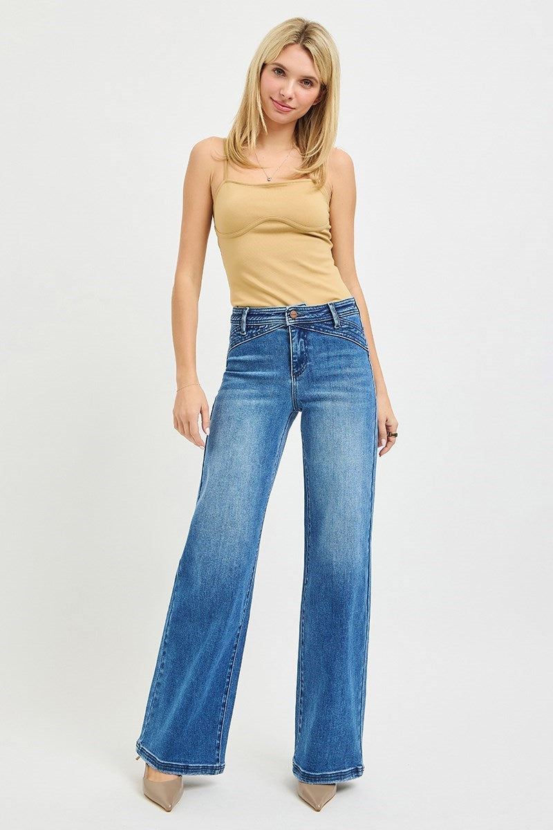 Risen Denim - High Rise Wide Leg Waist Detail Jeans