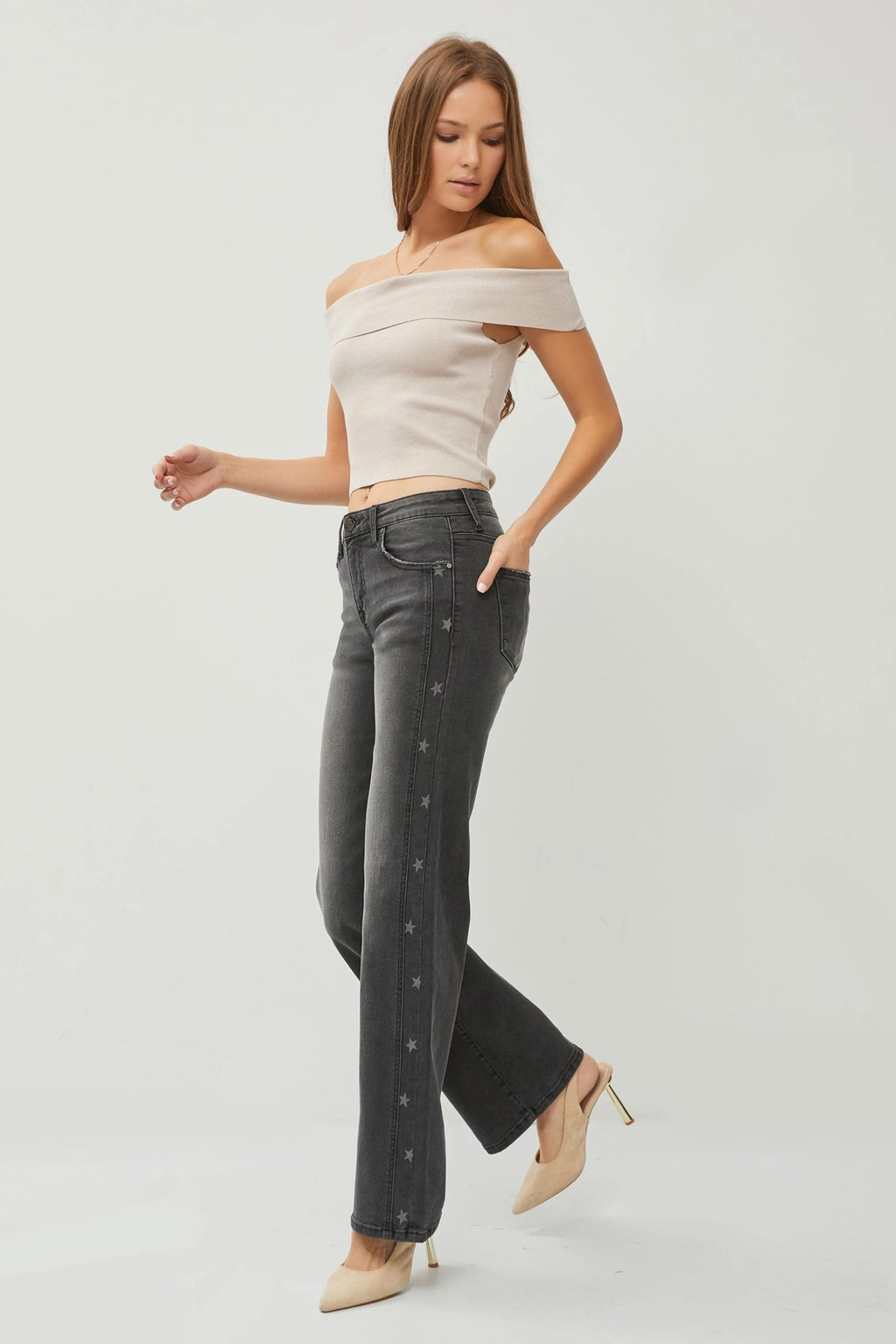 Risen Denim Mid Rise Star Print Straight Leg Jeans