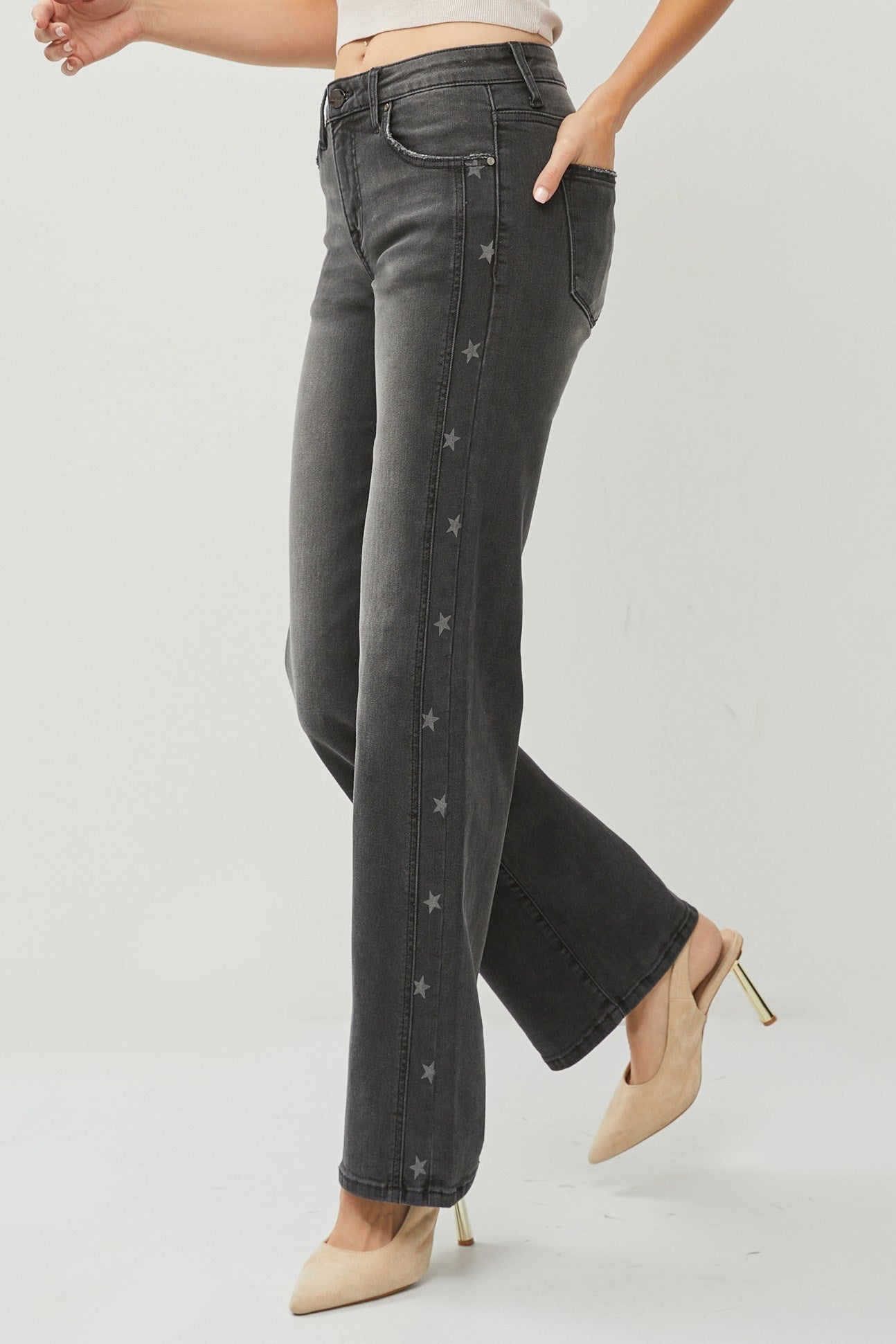 Risen Denim Mid Rise Star Print Straight Leg Jeans