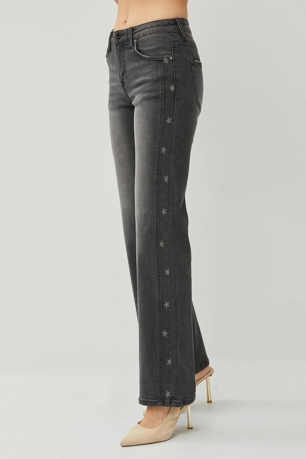 Risen Denim Mid Rise Star Print Straight Leg Jeans