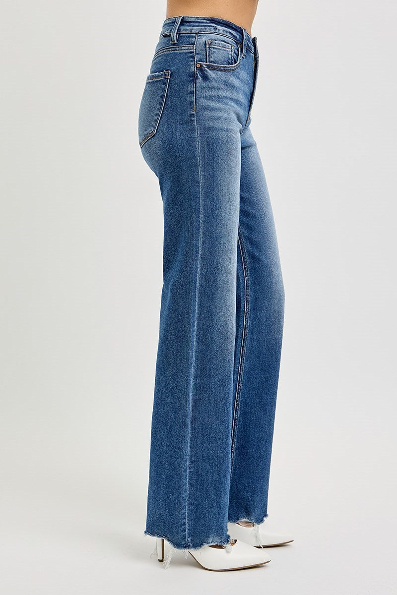Risen - Tummy Control High Rise Wide Leg Raw Cut Hem Denim