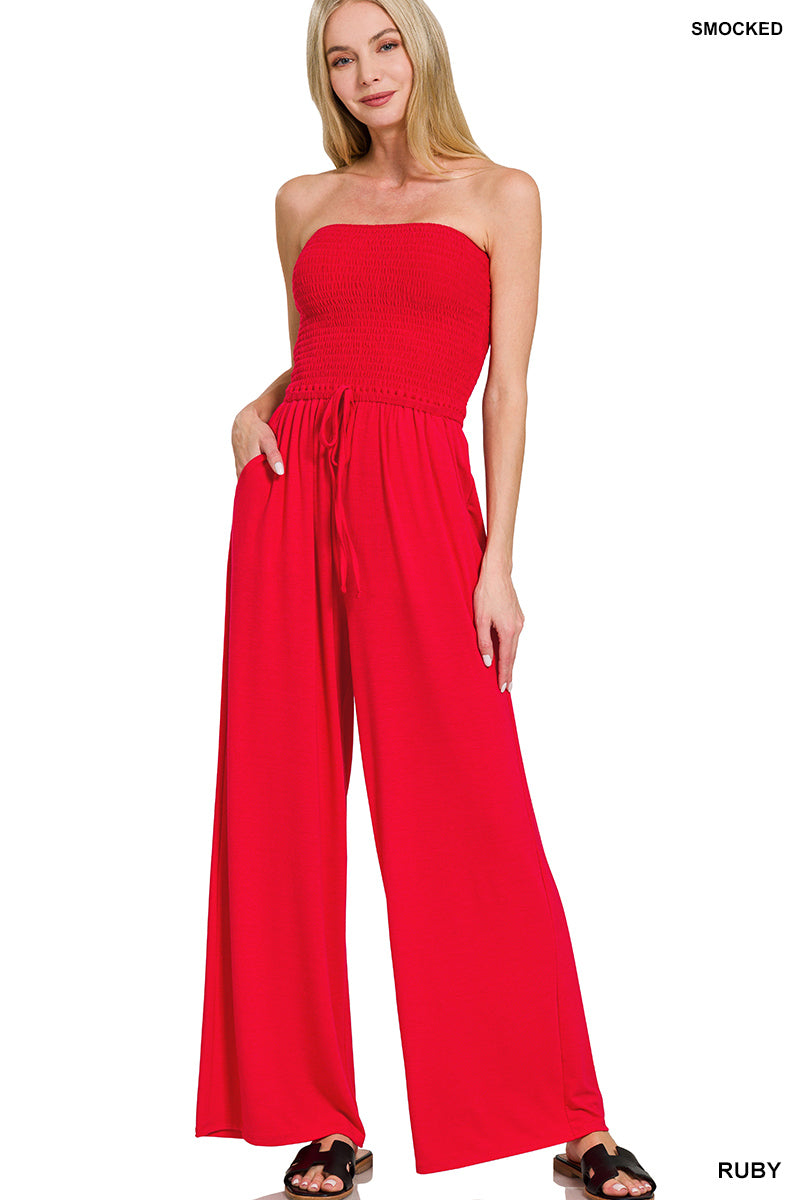 Smocked tube top jumpsuit