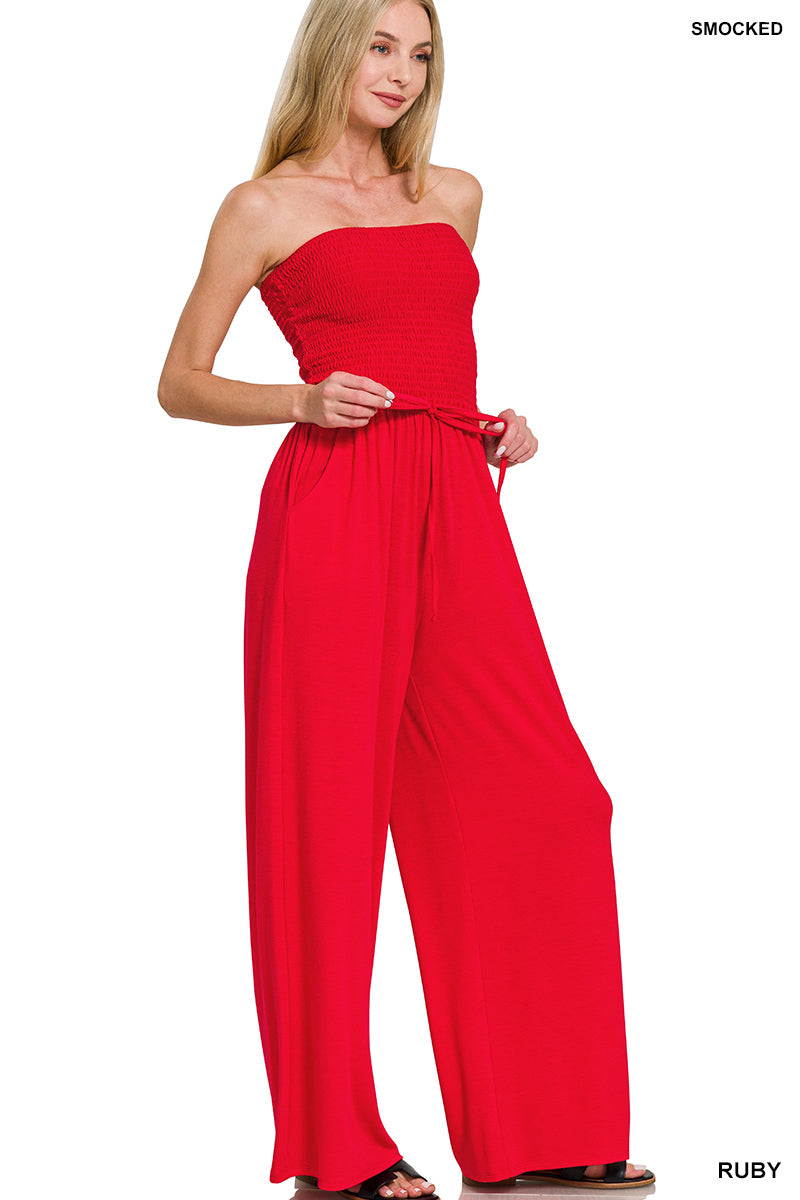 Smocked tube top jumpsuit