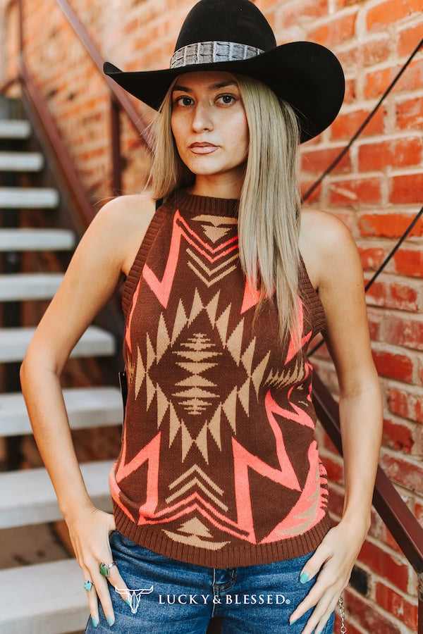 Brown Aztec Sleeveless Knit Tank Top