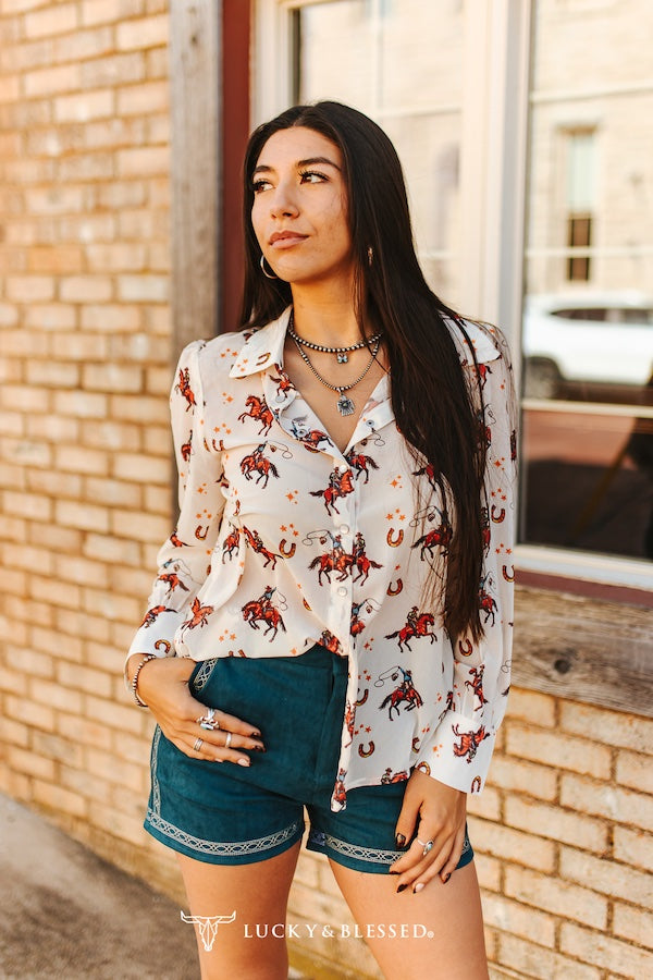 Cream Horse Chiffon Button Down Pearl Snap Long Sleeve Collared Shirt Plus Size