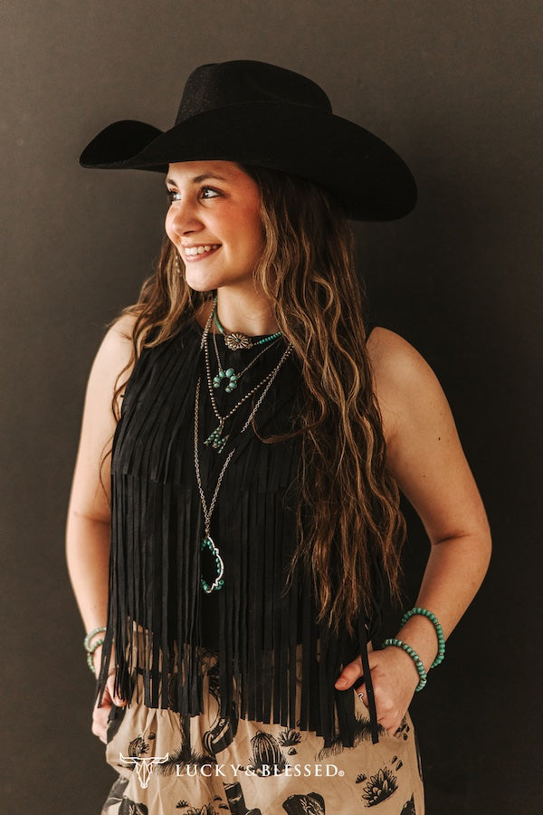 Suede Fringe Tier Sleeveless Top (Stretch)