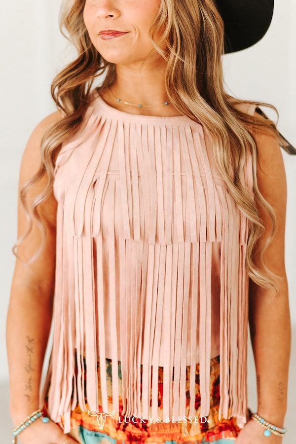 Suede Fringe Tier Sleeveless Top (Stretch)