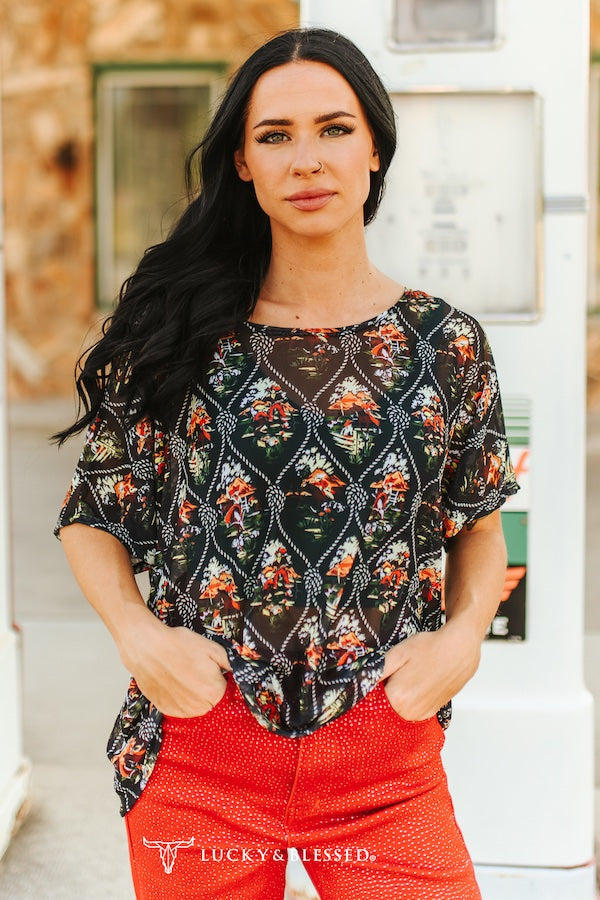 Black Western Mesh Short Sleeve Oversize Top