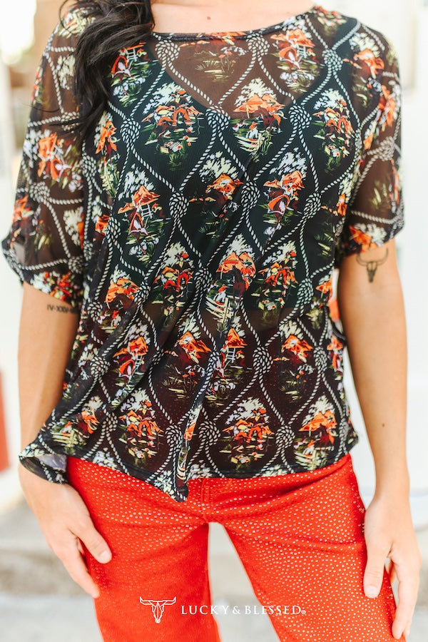 Black Western Mesh Short Sleeve Oversize Top