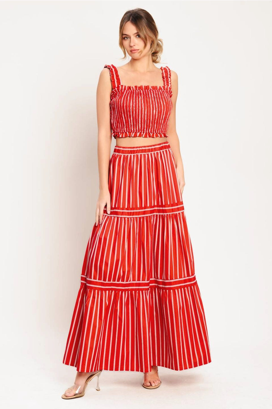 Red Stripe Smocked Skirt and Top Set from Flying Tomato